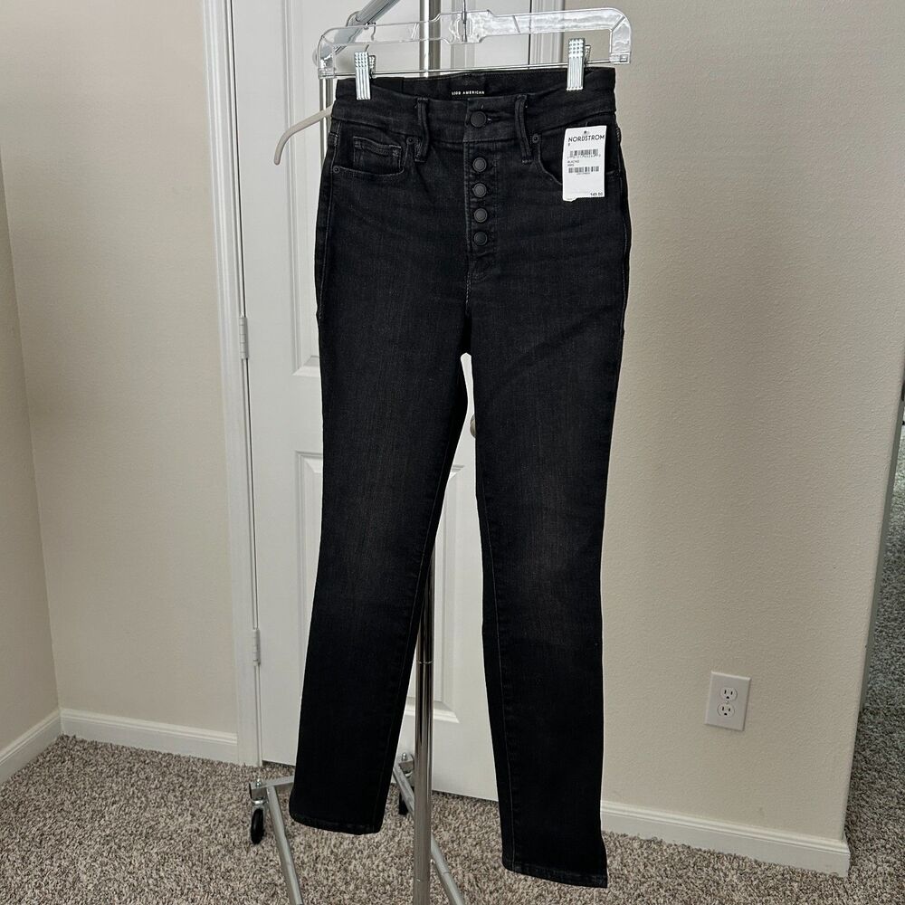 Good American Jeans Womens 0 25 Faded Black Wash Good Legs Crop Skinny Slits